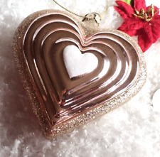Christmas Ornament PINK HEART Glass LOVE Gold Glitter 4"