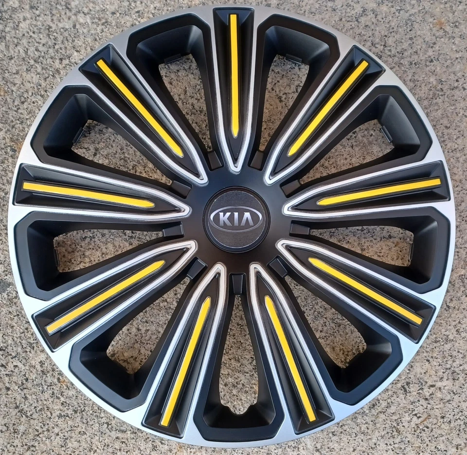 4 Alu-Design Radkappen 14 Zoll ROSSO gelb/schwarz/silber für Kia - Bild 1 von 1