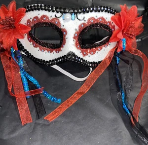 Day of the Dead Mask Dia de los Muertos Masquerade Halloween Red Floral - Picture 1 of 1