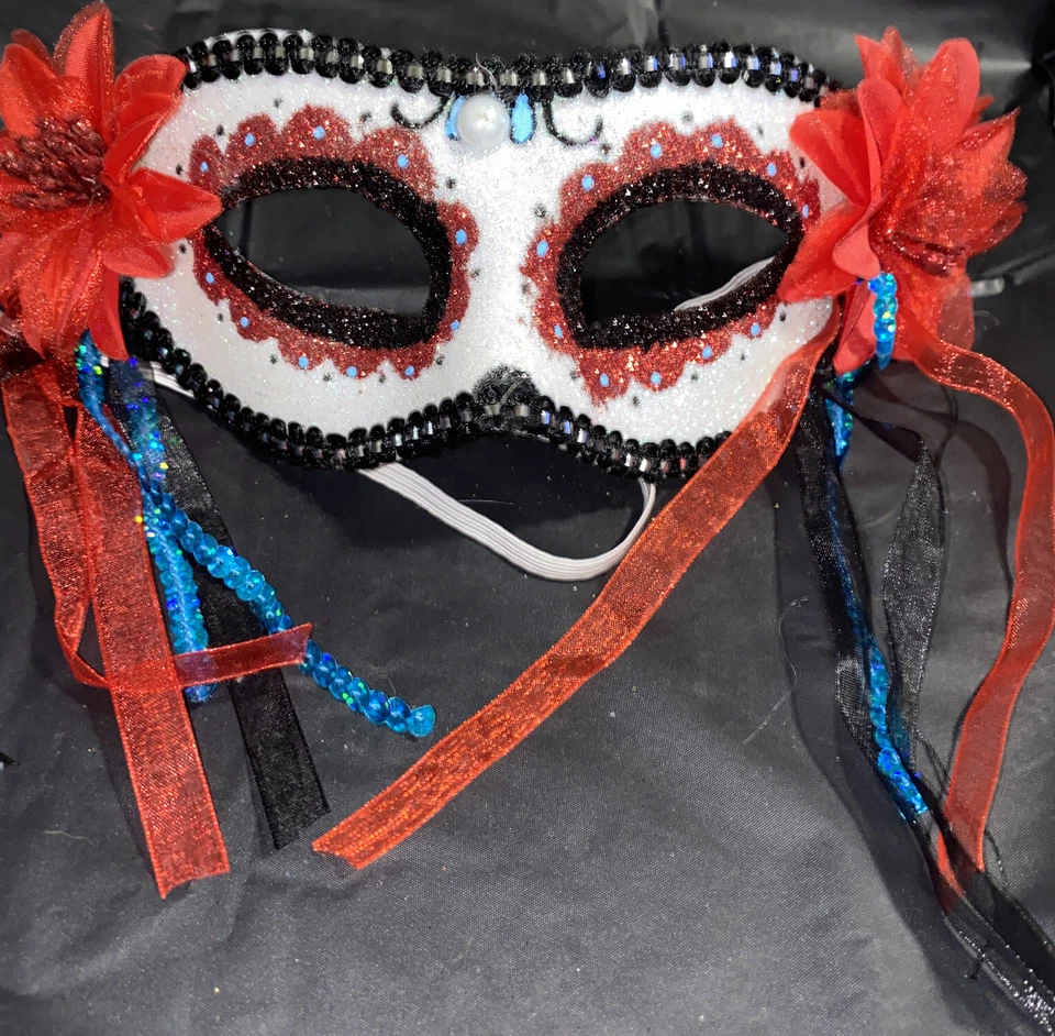 Day of the Dead Mask Dia de los Muertos Masquerade Halloween Red Floral - Image 1 of 1