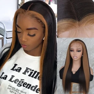 Honey Blonde Highlights Dark Brown Hair Long Straight Synthetic Lace Front Wigs - Picture 1 of 6