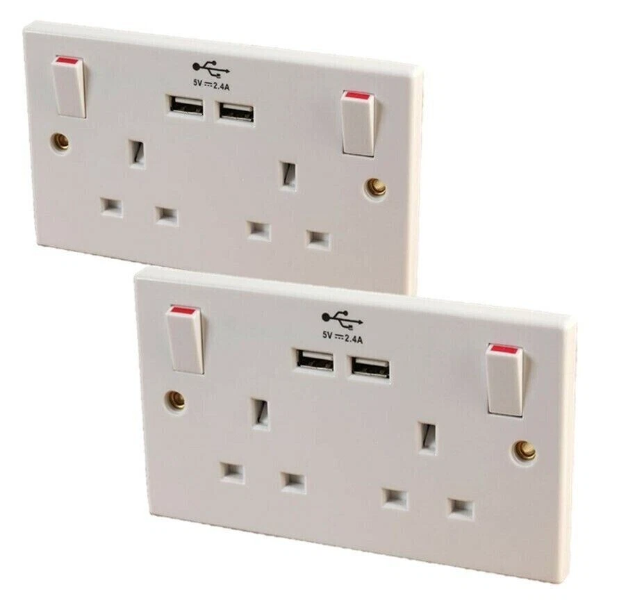 2 X Double Wall Socket Mains &2 USB Twin Fast Charger Plug Switched Ports 2 Gang - Image 1 of 1