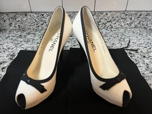 Chanel Peep Toe Pump Lambskin White with Black Fabric Trim - Picture 1 of 12