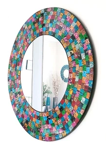 Espejo de pared de mosaico redondo, naranja y verde moteado, hecho a mano en Bali, 50 cm-NUEVO - Imagen 1 de 7