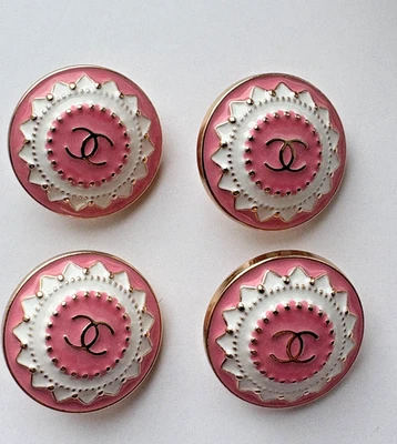 Chanel 21mm PINK,  & White Enamel Sunburst Buttons–Gold CC-Set of 4- STAMPED - Image 1 of 4