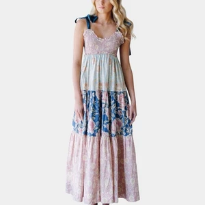 Women A-Line Maxi Dress Size L Floral Bohemian Pink Blue Tie-Shoulder V-Neck - Picture 1 of 11