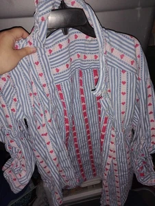 Camicia cowgirl 22w 100% cotone cuori prateria righe blu bottoni top donna - Foto 1 di 4