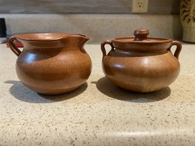 Speckled Brown Glaze Vintage Sugar and Creamer Set Unmarked - Image 1 of 4