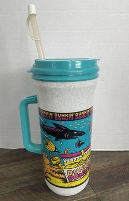 Vintage 90s Dunkin Donuts 32oz Insulated Travel Tumbler Mug & Straw Tropical - Image 1 of 4