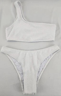 Ribbed One Shoulder Bikini Swimsuit Padded Cheeky Bottom Womens White Sz M - Image 1 of 4