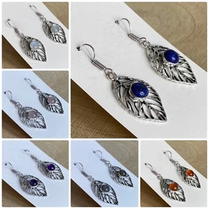 Gemstone Leaf Drop Earrings Sterling Silver 925 Plated Amethyst Lapis Lazuli - Picture 1 of 27