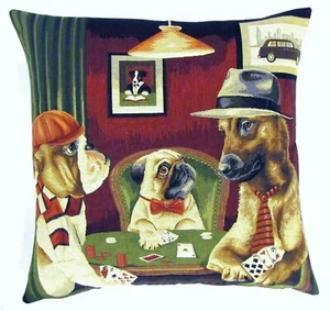  ANTHROPOMORPHIC DOGS PLAYING POKER 18" BELGIAN TAPESTRY CUSHION COVER ZIP 5461 - Picture 1 of 6