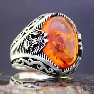 925 Sterling Silver Double Headed Eagle Oval Baltic Amber Stone Men's Ring - Picture 1 of 4
