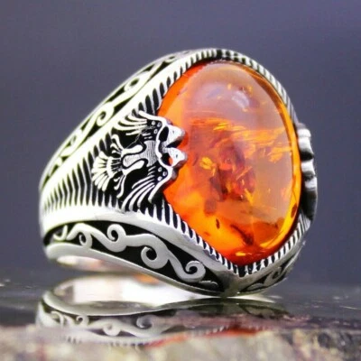 Anel masculino de prata esterlina 925 com duas cabeças águia oval pedra âmbar báltico - Imagem 1 de 4