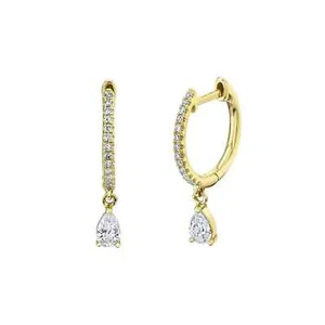 Pendientes Huggie colgantes lágrima natural oro amarillo 14K pera diamantes 0,33 quilates - Imagen 1 de 3