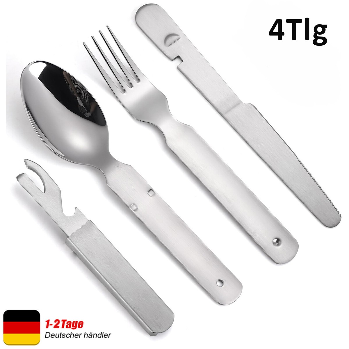 Flintronic Bundeswehr Besteck 4-teilig - Edelstahl Campingbesteck Mit Flaschenöffner