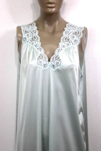 VANITY FAIR Nightgown M Vintage Seafoam Green Lace Trim Nylon Satin Gown USA - Picture 1 of 11