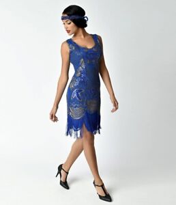 NWT - Unique Vintage Royal Blue Beaded Fringe Camille Flapper Dress - Large