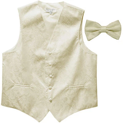 New formal men's tuxedo waistcoast vest_bowtie Ivory Paisley wedding party - Image 1 of 4