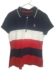 Tommy Hilfiger Poloshirt Damen schwarz weiß rot gestreift mit Frontreißverschluss Größe M - Bild 1 von 5