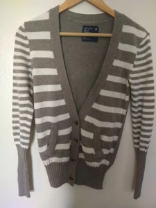 American Eagle Outfitters Gray and White Stripe Cardigan Sweater: Size S/P - Picture 1 of 4