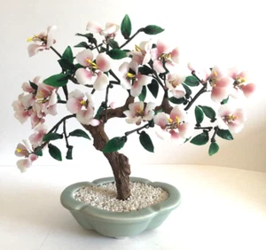 Chinese Jade Sweeping Sakura Blossoms Bonsai Pink Glass Tree in Celadon Pot - Picture 1 of 4