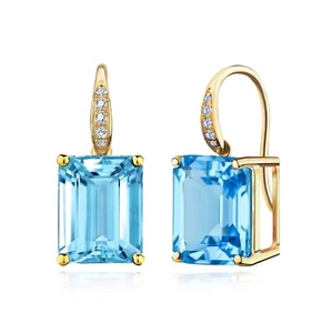 Rectangle Cut Blue Topaz Diamond Drop & Dangle Earrings 925 Silver Gold Finish - Picture 1 of 7