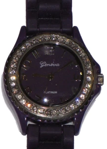 Geneva Platinum Watch Silver Plated Rhinestones 7805 Rubber Band Purple Womens - Picture 1 of 24