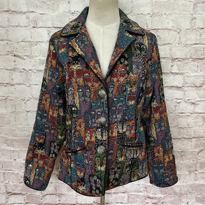 Chaqueta tapiz vintage de perejil y salvia gato dama botón S artístico colorido abuela Foto 1 de 4