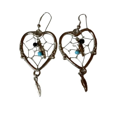 Vintage Dream Catcher Heart Earrings Turquoise Feather Drop Southwest Boho 3" - Image 1 of 4