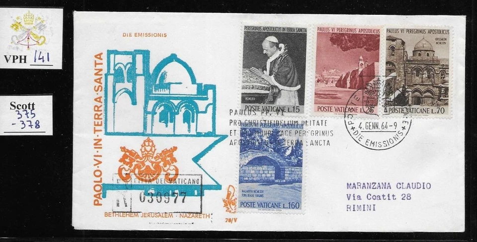 VPH_141. VATICAN. FDC Venetia w. 1964 POPE PAUL VI HOLY LAND set. Scott 375-378 - Image 1 of 1