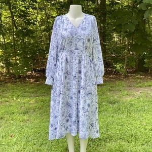 Talbots Floral Chiffon Midi Dress Long Sleeve Size 16 White Navy Floral Buttons - Picture 1 of 12