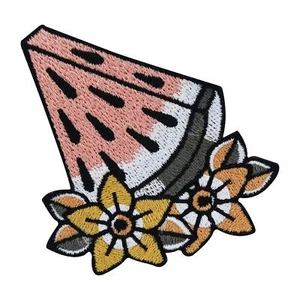 Tropischer Frucht Patch | Melone mit Hawaii Blumen | pinke Aufbügler Aufnäher - Picture 1 of 5