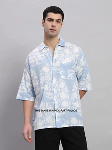 Men's Blue Floral Casual Cotton Shirt Loose Short Sleeve Button Down Shirts - Picture 1 of 8