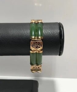Chinese Solid 10k Yellow Gold Spinach Green NEPHRITE JADE Double Link Bracelet - Picture 1 of 19