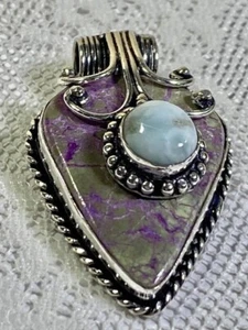 Purpurite & Larimar Handcrafted Pendant 925 Silver Plated Gemstone 1.6" - Picture 1 of 10