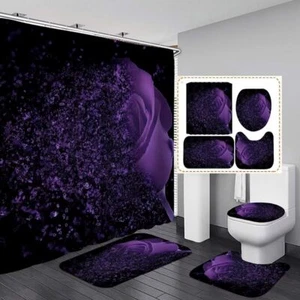 Purple Rose 4 Pcs Shower Curtain Sets Non-Slip Rugs Bath Mat Toilet Cover U Shap - Picture 1 of 2