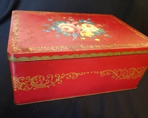 Scatola Vintage Metallo Rosso Fiori Floreali Cucina Conservazione Foto Francesi.. - Foto 1 di 8