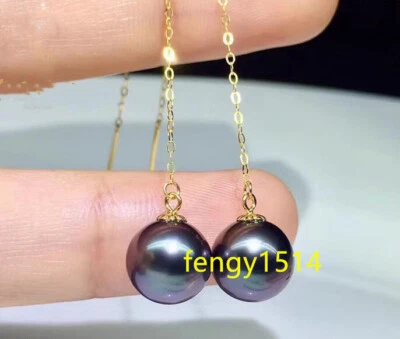 AAA+ 7-8mm natural Black Tahitian round pearl earrings 14k Gold stud earrings - Image 1 of 4