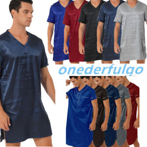 Men's Silk Satin Nightshirt V Neck Short Sleeve Casual Loose Pajama Sleep Shirt 