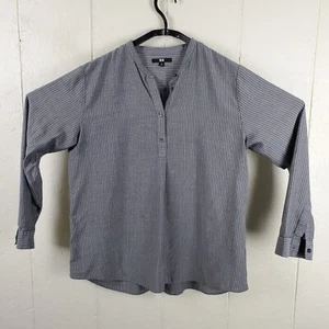 Uniqlo Blouse Women Extra Large Gray White Stripes Long Sleeve 1/4 Button Casual - Picture 1 of 17