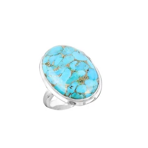 Copper Blue Turquoise Gemstone Wedding Solitaire Bezel Ring 925 Sterling Silver - Picture 1 of 7