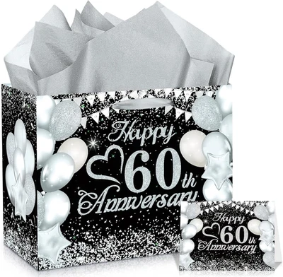 Black Silver 60Th Anniversary Party Gift Bag with Tissue Papers and Card, 11.8'' - Image 1 of 4