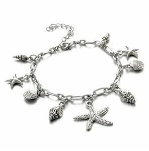SEA SHELL/ STAR FISH CHARM SURGICAL STEEL 316L WOMEN'S ANKLE BRACELET 9 INCHES - Picture 1 of 8