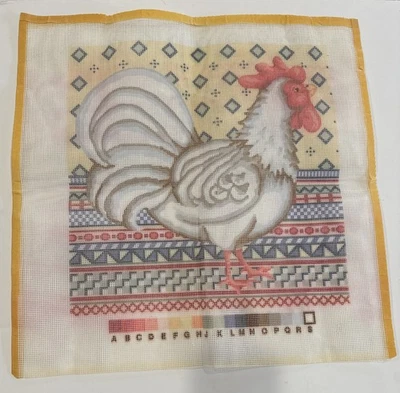 White Rooster Needlepoint Canvas Yellow Blue French Country Square Pillow Cover - Image 1 of 4