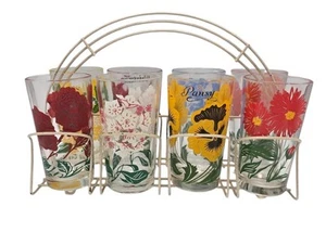 Vintage Boscul Erdnussbutter Glas Gläser mit Blumen inklusive Draht Halter EUC - Bild 1 von 11