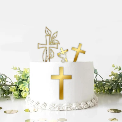 Tortendeko Taufe Kommunion Kreuz Tauben Set Gold Kuchen Deko Baby - Bild 1 von 4