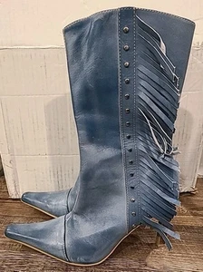 Steve Madden Blue Fringe Leathet Boots Heels Women's 11 - Picture 1 of 5