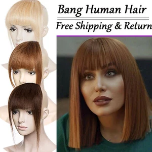 US Clip in Bangs 100% Human Hair Wispy Bangs with Temples Front Hairpieces Brown - Picture 1 of 19