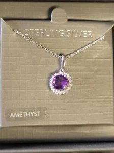 Sterling Silver Natural Amethyst CZ Cubic Zirconia Halo Pendant Necklace - Picture 1 of 8